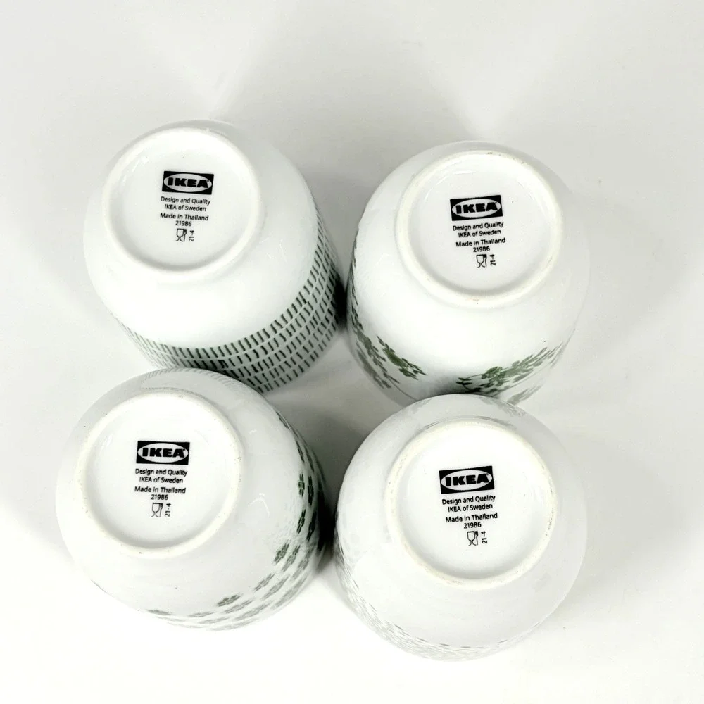 IKEA Entusiasm Mixed Pattern Green Cups Set of 4 Floral Dot Stripe Mugs Tumblers